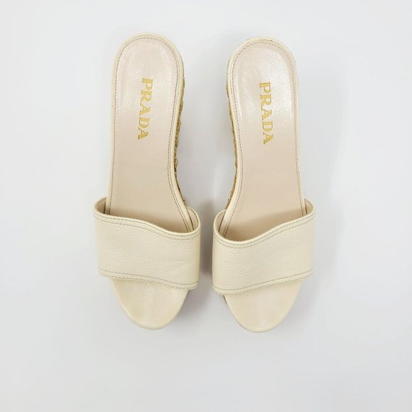Prada Ivory Leather Slip On Wedge Sandals - Picture 10 of 13